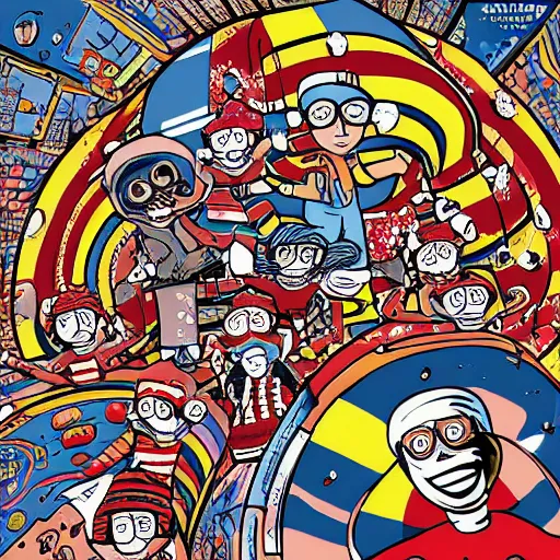 Image similar to wheres waldo in the galaxy, cover art