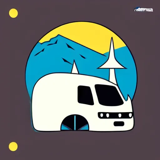 Image similar to minimal vector art sticker of a white and black cute thor chateau! motorhome camper!!, mountains, colorful sunset!!, thick lines, very minimal vector art, sticker!! by tom whalen