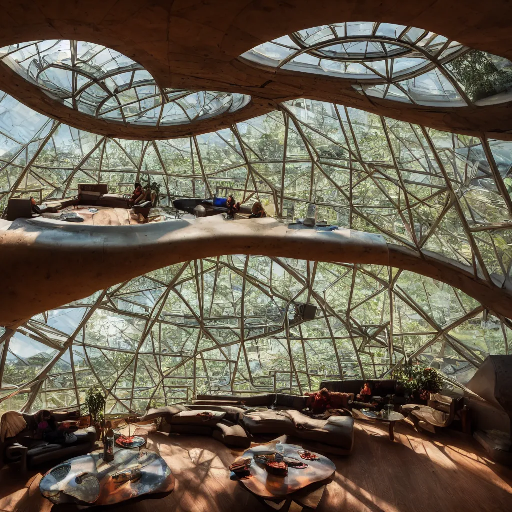 Prompt: inside luxurious earthship with futuristic sunken lounge and indoor garden with circular skylights, XF IQ4, 150MP, 50mm, F1.4, ISO 200, 1/160s, sunset
