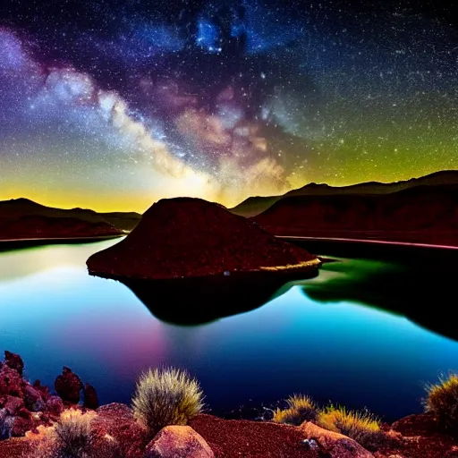 Image similar to beautiful moonlit dark starry landscape photography of an Arizona desert, lake