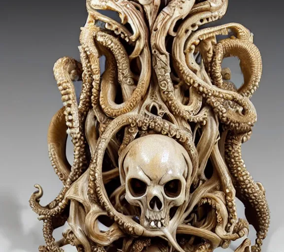 Image similar to an intricately detailed carving in an alien - octopus skull, rococo ornate bone and ivory sculpted skull with teeth and tentacles, horror, artifact, micro detailed, inscribed with occult symbols, otherworldly