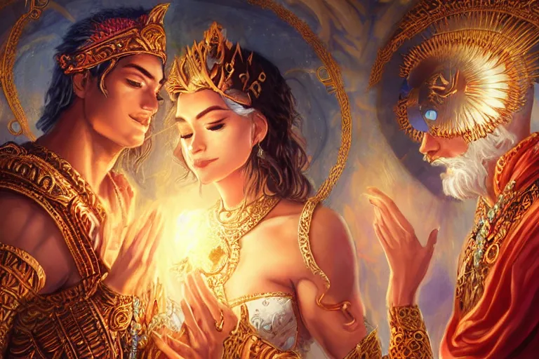 Image similar to close up moment of a divine a sun god and a moon goddess lovers magician at a wedding banquet, highly detailed, d & d, fantasy, highly detailed, digital painting, trending on artstation, concept art, sharp focus, illustration, art by artgerm and greg rutkowski and magali villeneuve