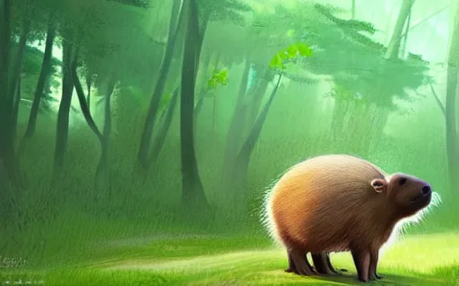 Image similar to a young girl with her large pet capybara walking through the forest, raining, holding umbrella, art by hayao miyazaki, studio ghibli film, 4k, hi res, high detail