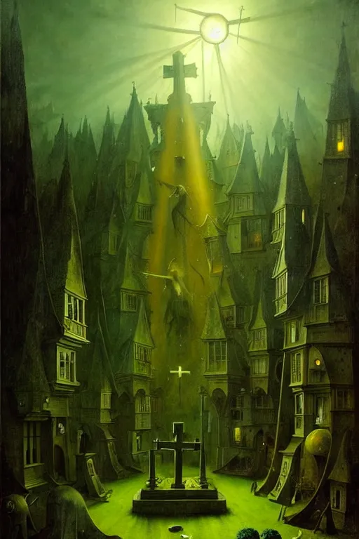 Image similar to hieronymus bosch, greg rutkowski, anna podedworna, painting of the broccoli, god rays, wide shot of a graveyard lit by spooky green lights