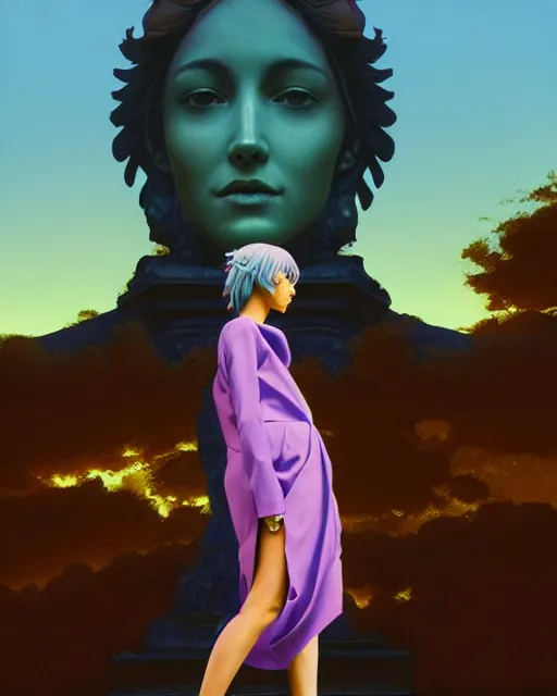 Image similar to a painting of a woman standing in front of a statue, a screenshot by stanley twardowicz, cgsociety, aestheticism, aesthetic, vaporwave, anime aesthetic