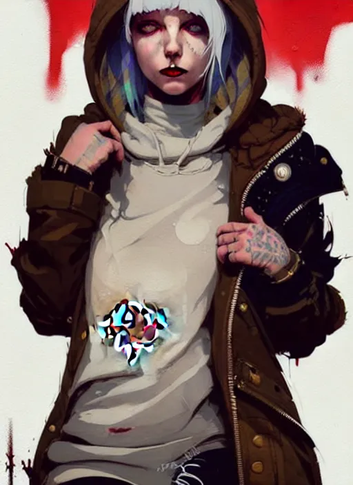 Image similar to highly detailed portrait of a sewer punk canadian lady, tartan hoody, white hair by atey ghailan, by greg rutkowski, by greg tocchini, by james gilleard, by joe fenton, by kaethe butcher, gradient red, brown, blonde cream and white color scheme, grunge aesthetic!!! ( ( graffiti tag wall background ) )