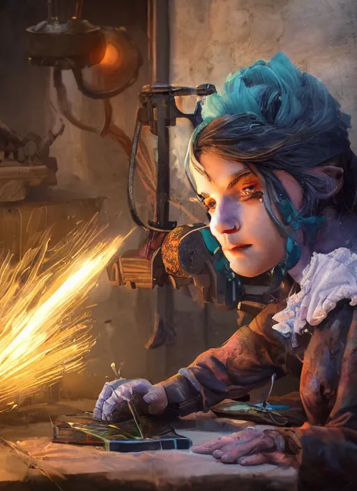 Image similar to An epic fantasy comic book style portrait painting of a young tinker girl working on a device in her workshop, unreal 5, DAZ, hyperrealistic, octane render, cosplay, RPG portrait, dynamic lighting