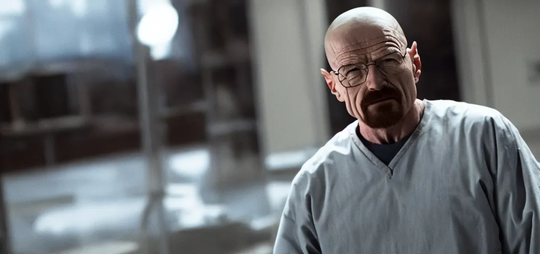 Image similar to Walter White as Spider-Man, film still, wide-shot, full shot, cinematic lens, heroic portrait