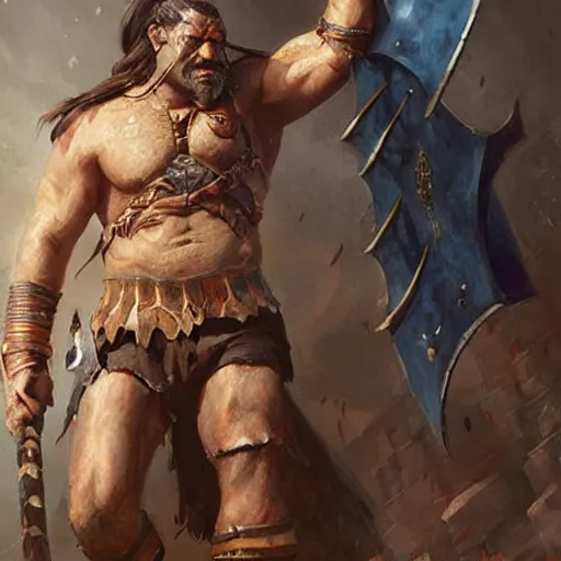 Prompt: barbarian warrior marching toward the viewer, male, muscular, blue eyes!!!!, straight nose!!!, detailed face, exposed thighs!!!, fantasy, medieval, highly detailed, painting by greg rutkowski