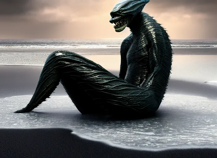 Image similar to a stunning cinematic extreme wide shot of an adorable fearful slick sleek smooth humanoid sea monster wearing clothes made of seaweed on a dark stormy beach, well designed perfect with huge luminous sad eyes, sharp claws, cgsociety, hd octane render, fantasy, furry art, artstation, deviantart, furaffinity, very very clean