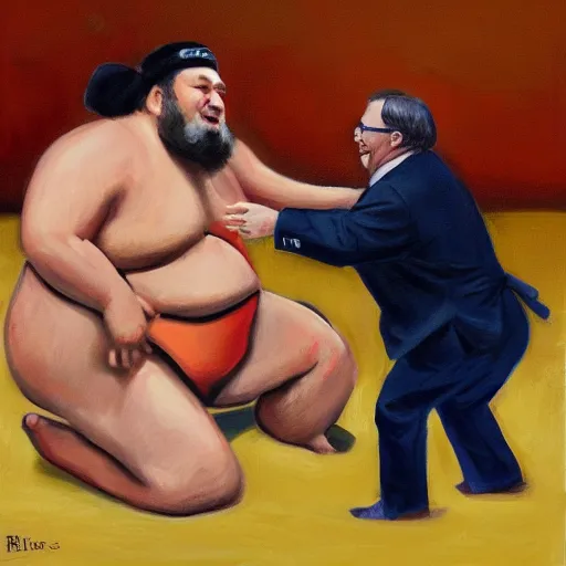 Prompt: oil painting of richard stallman sumo wrestling with bill gates, trending on artstation