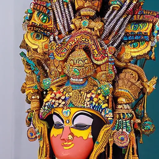 Image similar to a woman wearing an armor and head - dress. the armor and head - dress is made out of the colors, textures and sculptures of the meenakshi temple in madurai. intricate. detailed.