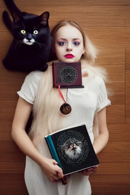 Image similar to photo of very cute and bright girl, her cat and her book of necronomicon, symmetrical, cinematic, real dlsr photography, sharp focus, 4 k, ultra hd, sense of awe, sinister demonic atmosphere, dreadful, horror journal cover