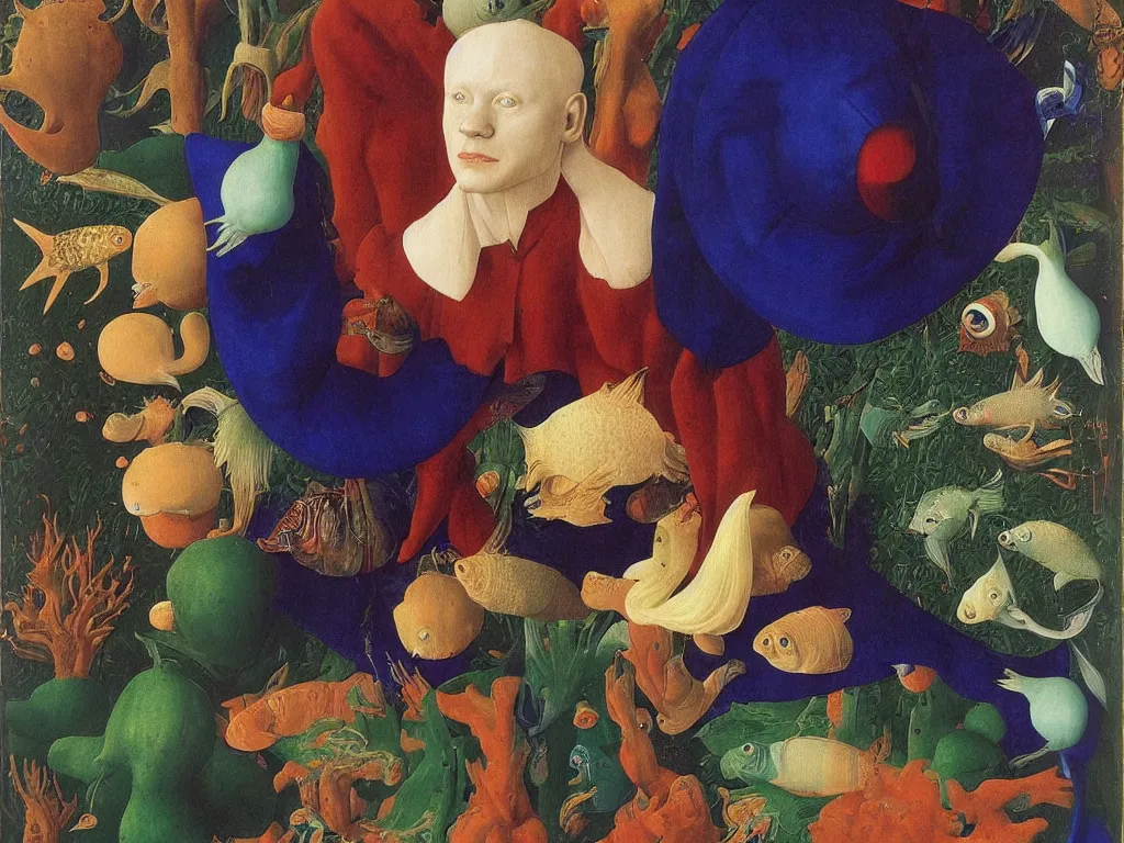 Image similar to Portrait of albino mystic with blue eyes, with exotic beautiful fish. Painting by Jan van Eyck, Audubon, Rene Magritte, Agnes Pelton, Max Ernst, Walton Ford