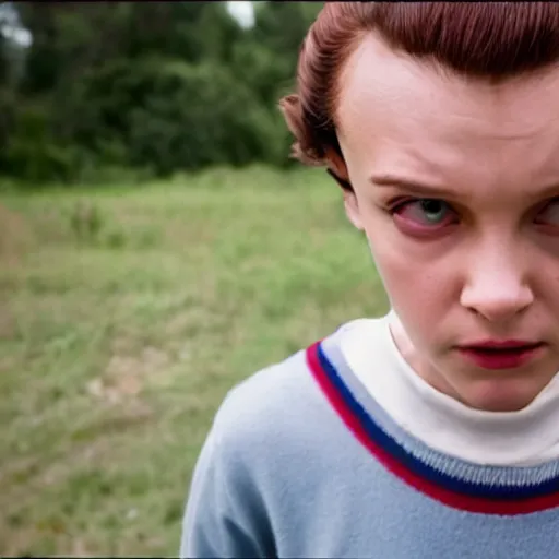 Image similar to eleven from stranger things using her powers, cinematic, epic