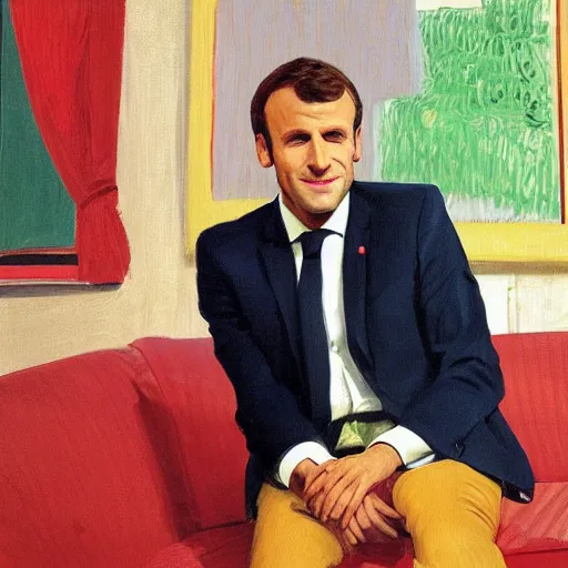 Image similar to emmanuel macron posing on a sofa, 1 9 7 0 living room, oil on canvas, by david hockney, bouguereau