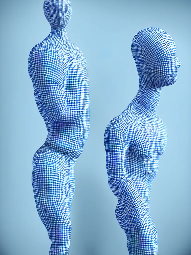 Image similar to a fine art photograph formal self sculpture by the artist kelbv, in distinct hyper realistic style with tubes neatly navigating the contours of his body, and fragmented body littered with light blue and white gingham spheroids, perfect bright studio lighting.