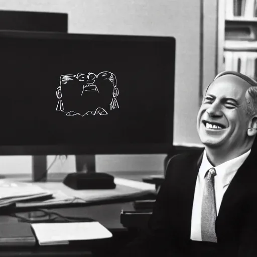 Image similar to benjamin netanyahu laughing at computer screen, in office, alone, black background, by norman rockwell