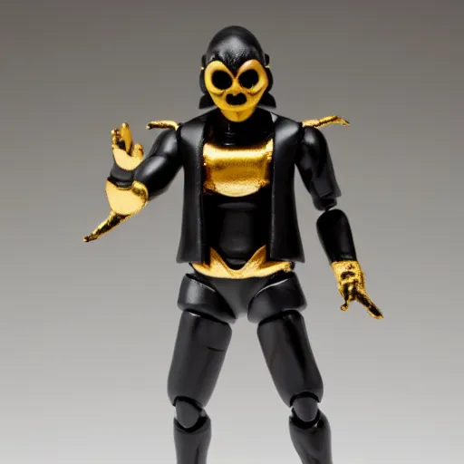 Image similar to Photo of an Evil moon-face action figure, japanese action figure, horror, gold and black color scheme