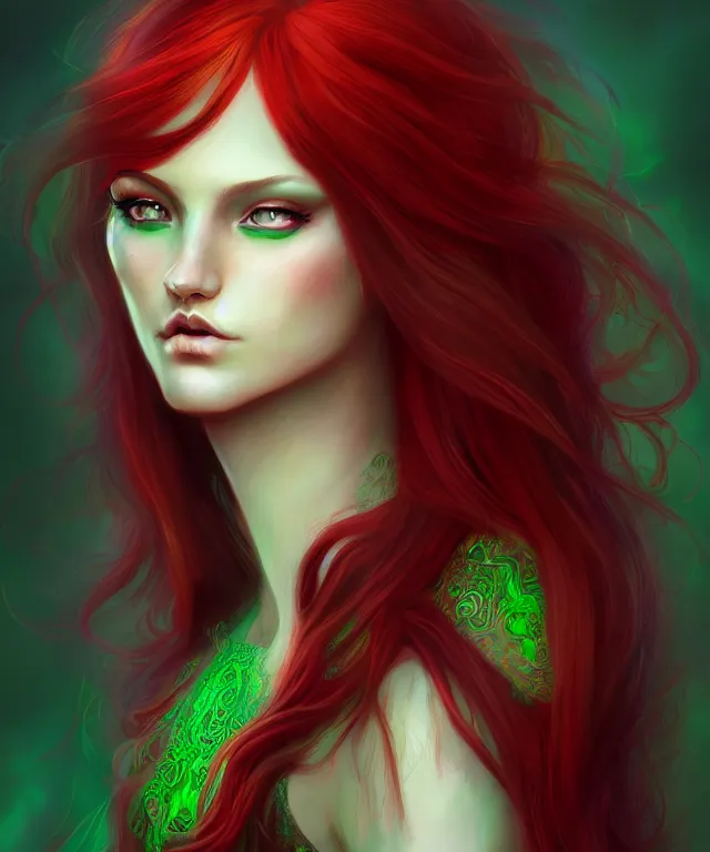 Image similar to Fae teenage girl, portrait, face, long red hair, green highlights, fantasy, intricate, elegant, highly detailed, digital painting, concept art, smooth