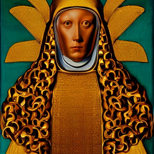 Image similar to a portrait of a shiny metallic renaissance robot, in the style of Jan van Eyck,