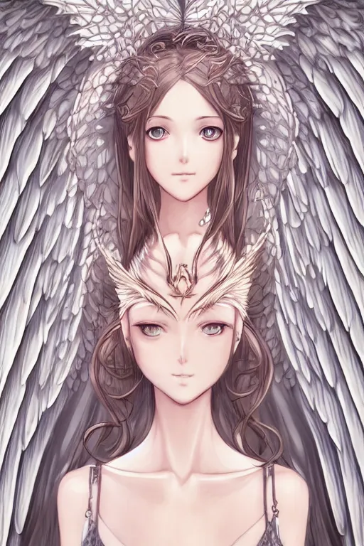 Image similar to Portrait of beautiful anime maiden with angelic wings, intricate, elegant, highly detailed, artstation, concept art, illustration, art by Range Murata