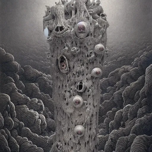 Prompt: a hyperrealistic brightly colored painting of a psychedelic alien nightmare, blue skies, by john kenn mortensen and zdzislaw beksinski, highly detailed, vivid color,
