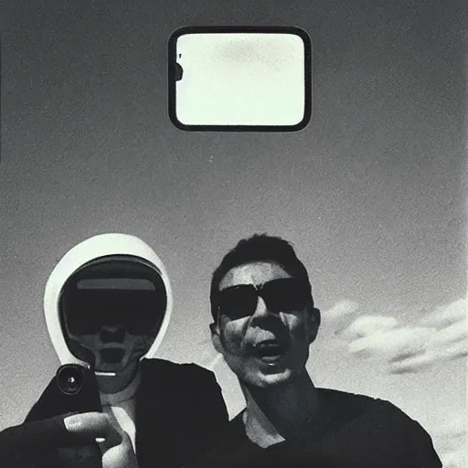 Prompt: two alien friends taking the first selfie together , polaroid vintage effect