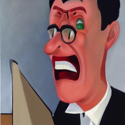 Image similar to an angry man screams at his computer monitor, oil on canvas, 1 9 6 7, highly detailed