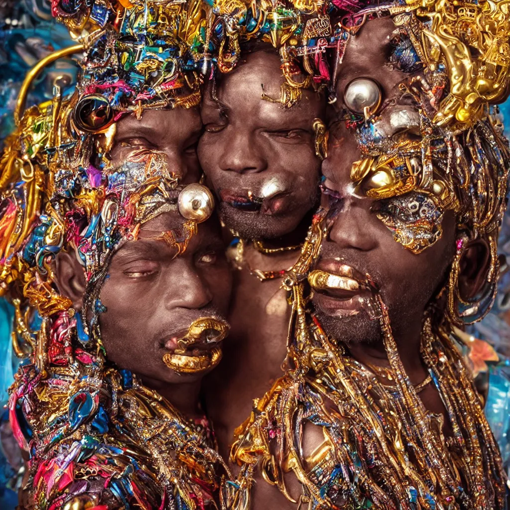 Image similar to a high-resolution color-chrome closeup portrait, hyper realistic African voodoo priest, kissing a incredible elegant alien rococo Queen, ornate jewelled, sci-fi, high-tech, beautiful low light, style Steve McCurry Octane render 8k