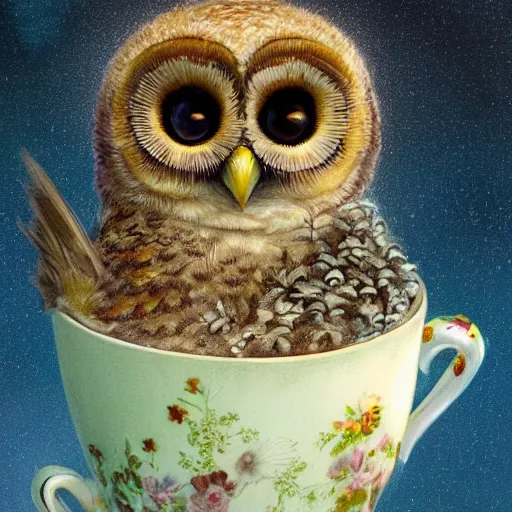 Image similar to long shot of a very cute owl chick nesting in a very romantique cup, by esao andrews, by james jean, marc simonetti, by victo ngai, humorous illustration, hyperrealistic, big depth of field, warm colors, night scenery, dim light, 3 d octane render conceptart, 4 k, hyperdetailed, trending on artstation