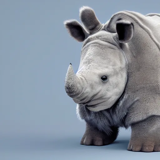 Prompt: cute fluffy rhinocerous with high quality detailed realistic fur 3 d render unreal engine character concept hd