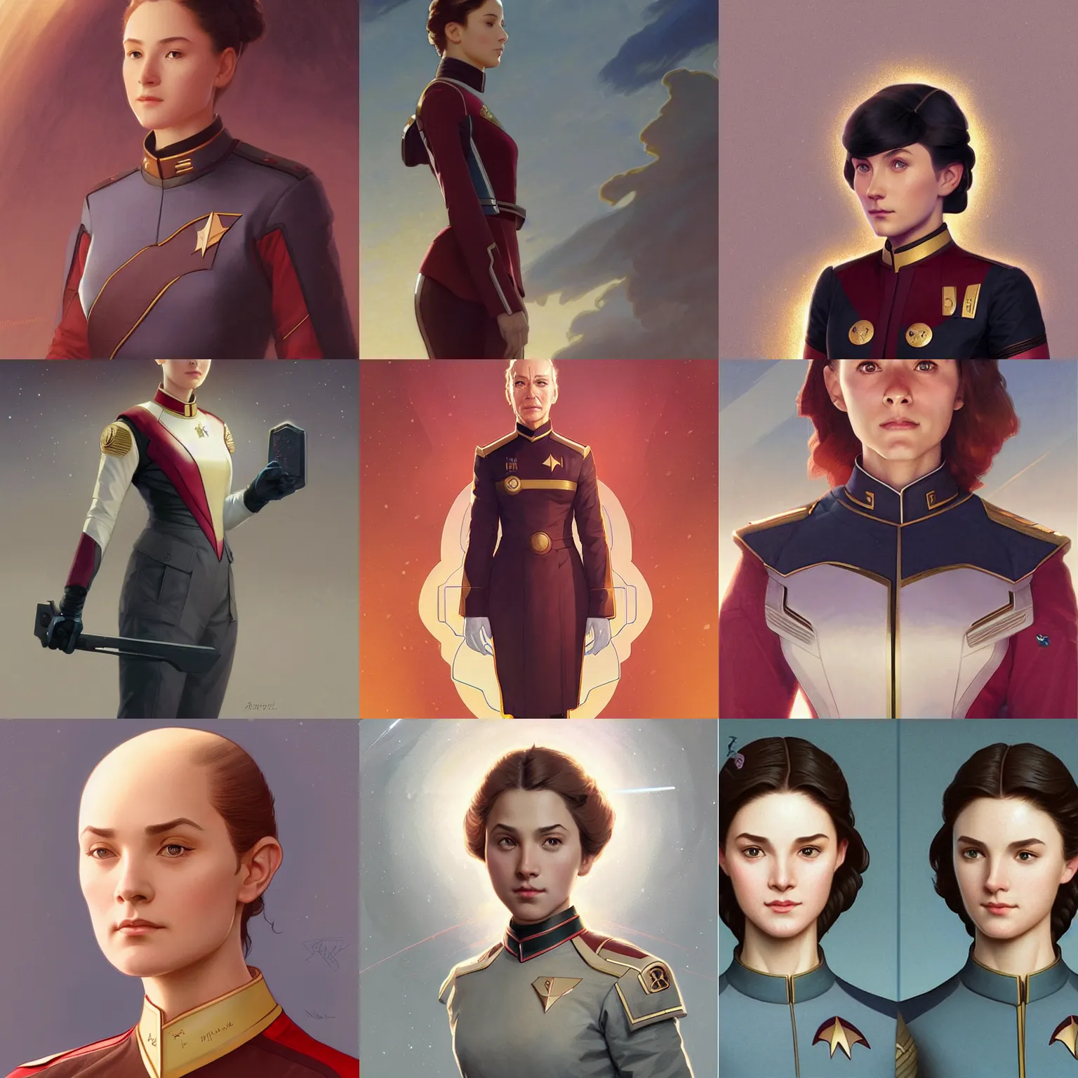 Prompt: young female picard, starfleet uniform intricate, elegant, highly detailed, digital painting, artstation, concept art, smooth, sharp focus, illustration, art by artgerm and greg rutkowski and alphonse mucha and william - adolphe bouguereau