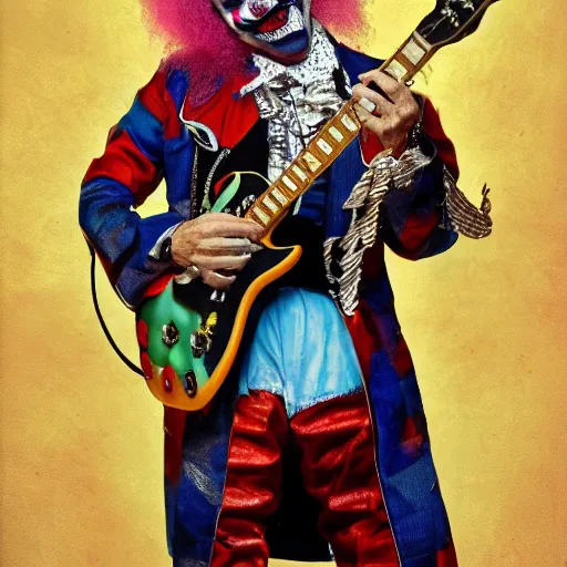 Prompt: UHD hyperrealistic Dee Snider dressed as a clown playing electric guitar, with intricate clown makeup, by Antonio Caparo and Ferdinand Knab and Greg Rutkowski UHD photorealistic trending on artstation