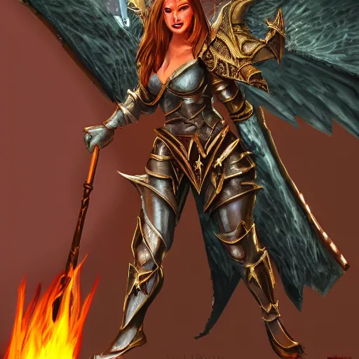 Image similar to disney's gargoyles female!! winged warrior! flaming sword! devilish smile!! ( ( plate armor ) ) ( ( ( shield ) ) ), fantasy painting, concept art, 4 k