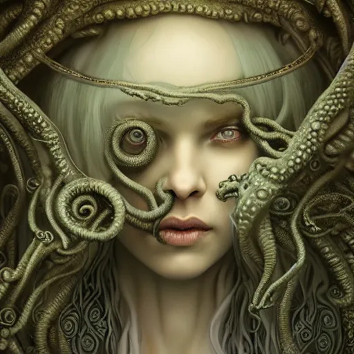 Image similar to curiosities from cthulhu, soft paint of a single curvy beautiful necromancer of madness and insanity in full mage armor, symmetry accurate features, eyeballs, vegetation tentacles, dense volumetric fog, focus, very intricate ultrafine details, gloomy colors, award winning masterpiece, tom bagshaw artstyle