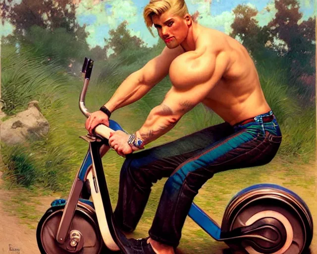 Image similar to handsome tattooed blonde gym bro rides an e - scooter, cool colors, hard angles, painting by gaston bussiere, craig mullins, j. c. leyendecker, tom of finland