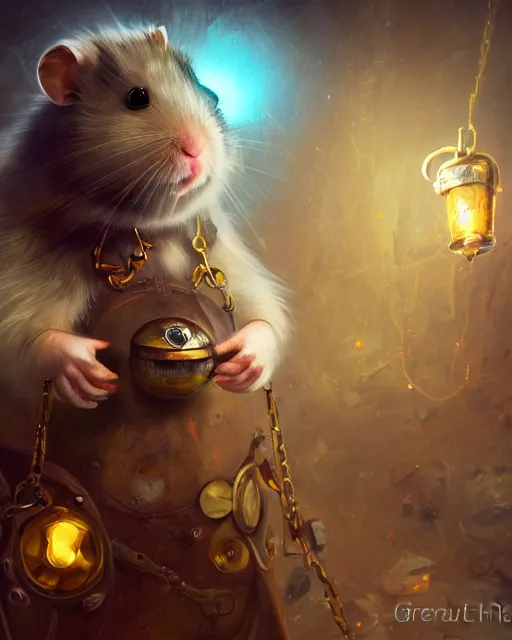 Image similar to oil painting of anthropomorphized hamster holding shiny gem, steampunk clothes, close shot, full body, dark steampunk mine shaft background, sharp focus, fantasy style, octane render, volumetric lighting, 8k high definition, by greg rutkowski, highly detailed, trending on art Station, dungeons and dragons artwork, centered