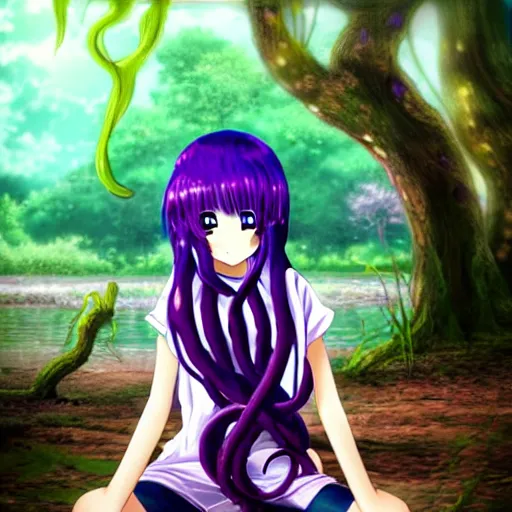 Prompt: an anime girl with purple tentacle hairs, sitting near a swamp