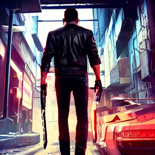 Image similar to a detailed full bodied 3 d render of an extremely handsome jensen ackles as the terminator walking down a dark alley in cyberpunk 2 0 7 7, holding futuristic crossbow, volumetric lighting, octane render, 8 k, art by hayao miyazaki and hideo kojima