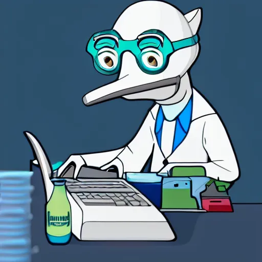 Prompt: An anthropomorphic grey dolphin dressed as a chemist playing games on a computer, digital painting