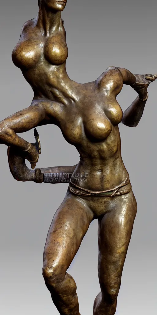 Prompt: detailed photo of an old bronze patina statue of a beautiful lara croft posing for a full body portrait, photorealismintricate detail, museum diffuse lighting