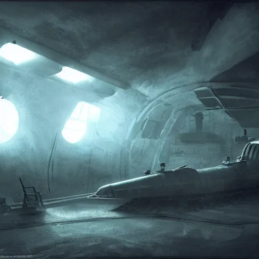 Image similar to Concept art, inside an narrow and dark room of an empty ussr submarine, messy, foggy, littles light shafts coming from bullet holes, 8k, cinematic, high details, neat