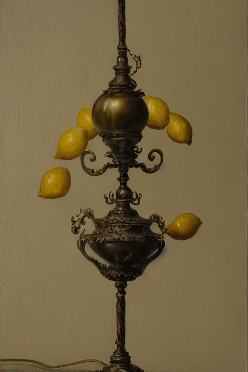 Image similar to a lamp in the style of a lemon oil on canvas, intricate, portrait, 8k highly professionally detailed, HDR, CGsociety