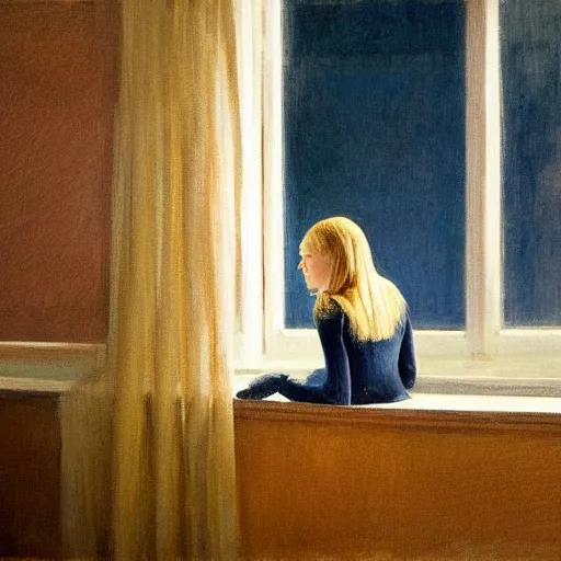 Image similar to Elle Fanning in front of a window watching the rain, by Edward Hopper, Extremely detailed. 8K. Award winning.