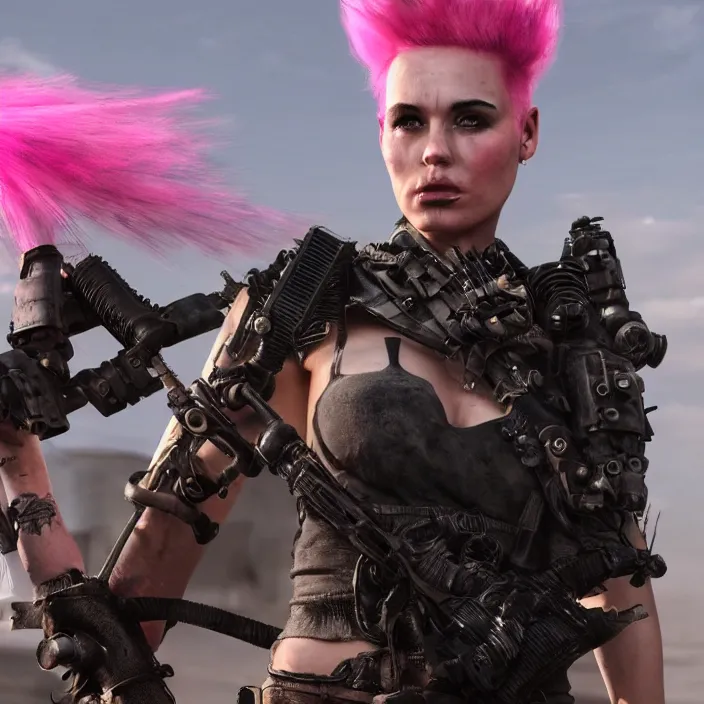 Prompt: beautiful realistic apocalyptic woman with pink Mohawk, standing on mad max panzer tank, 4k ultra hd, fantasy dark art, tank girl, artstation, octane render