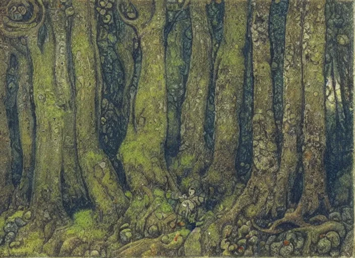 Image similar to a mossy wood with trolls and elves, in the style of John Bauer,