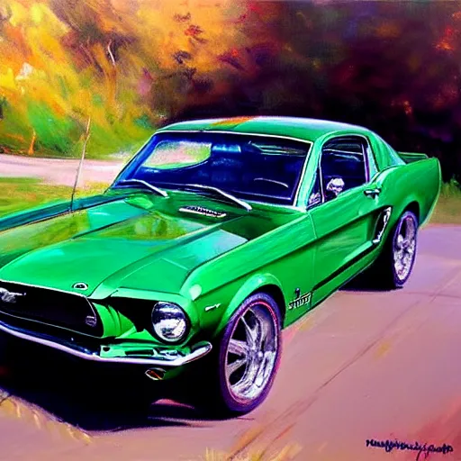 Prompt: green 1967 Ford Mustang GT, painting by Vladimir Volegov