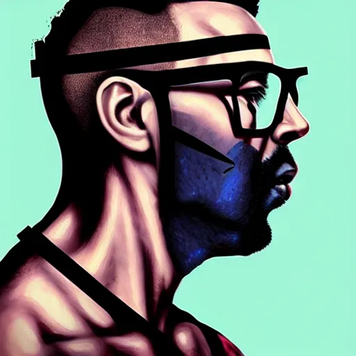 Prompt: a portrait of a dark man :: side profile :: oxygen mask :: blood and ocean intricate details :: glasses :: 8k :: by vikings and Sandra Chevrier