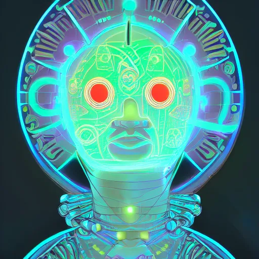 Prompt: portrait of a future metaverse cyborg tech shaman warrior, 2D cartoon, flat cartoony, visionary art, symmetric, Magick symbols, holy halo, shipibo patterns, sci-fi, adventure time character style